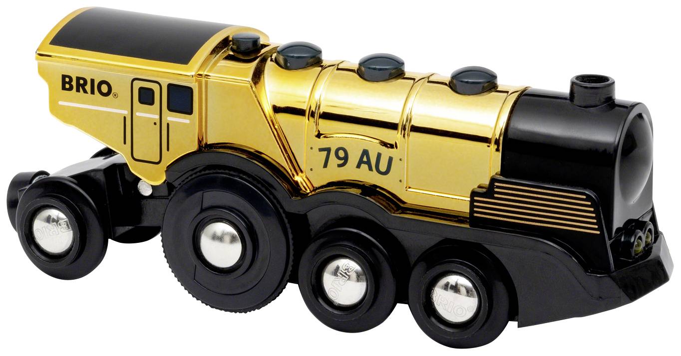 Locomotive de jouet dorée de Brio avec cheminée noire et roues argentées, portant l'inscription '79 AU'.