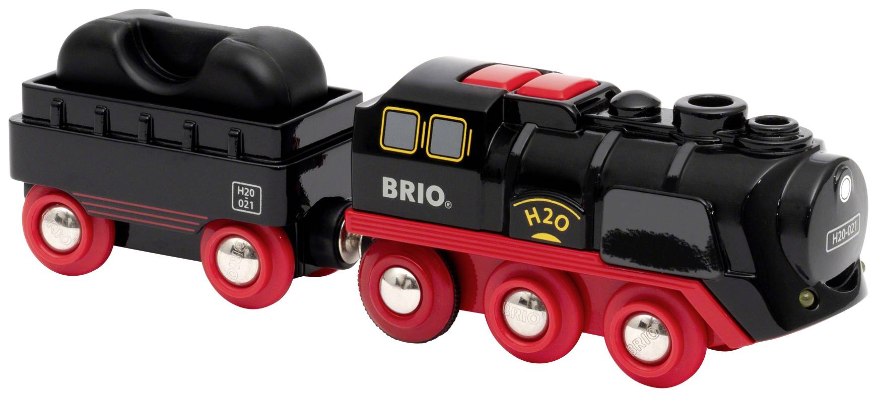 Une locomotive à vapeur jouet noire avec des roues rouges et l'inscription 'BRIO H2O', attelée à un tender noir.