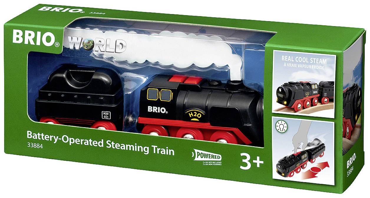 Locomotive à vapeur fonctionnant sur batterie de BRIO dans un emballage vert, adaptée aux enfants à partir de 3 ans. La locomotive produit de la vraie vapeur.