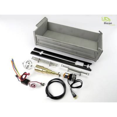 Kit de mini-pelle avec plusieurs pièces détachées : pelle, moteur, câbles et accessoires pour modélisme.