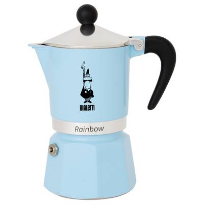 Une cafetière italienne bleue avec une poignée noire, arborant un logo représentant un homme moustachu et les mots « Bialetti Rainbow ».