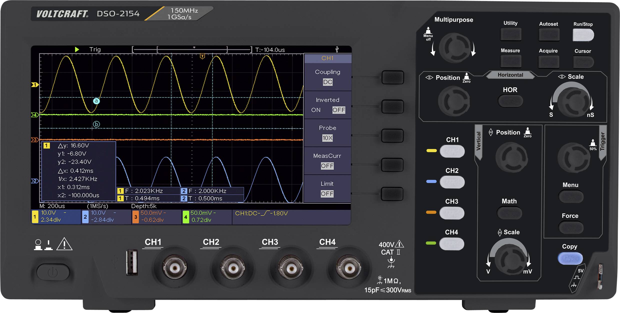 Un oscilloscope multicanal affiche des signaux sinusoïdaux sur l'écran. 150 MHz, 1 GS/s, marque VOLTCRAFT.