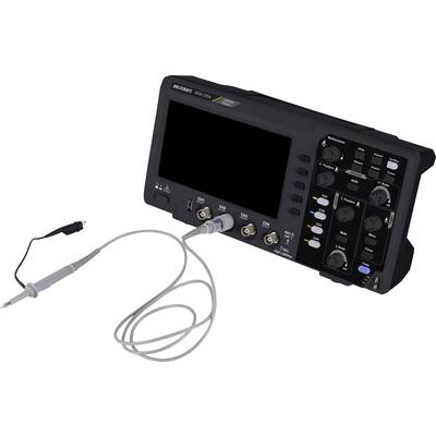 Oscilloscope numérique doté d'un écran et de boutons de commande, auquel une sonde de mesure est connectée. L'appareil est conçu pour mesurer les formes d'ondes de signaux.