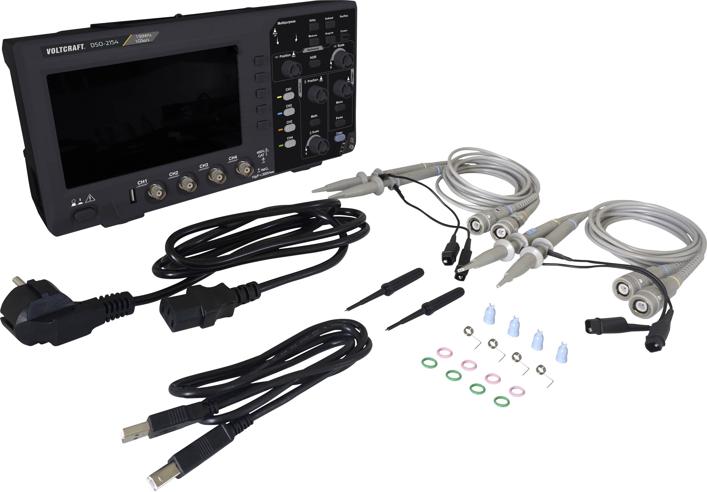 Oscilloscope avec accessoires : deux sondes, câbles, bagues de couleur et pièces de rechange. Appareil utilisé pour mesurer et visualiser des signaux électriques.