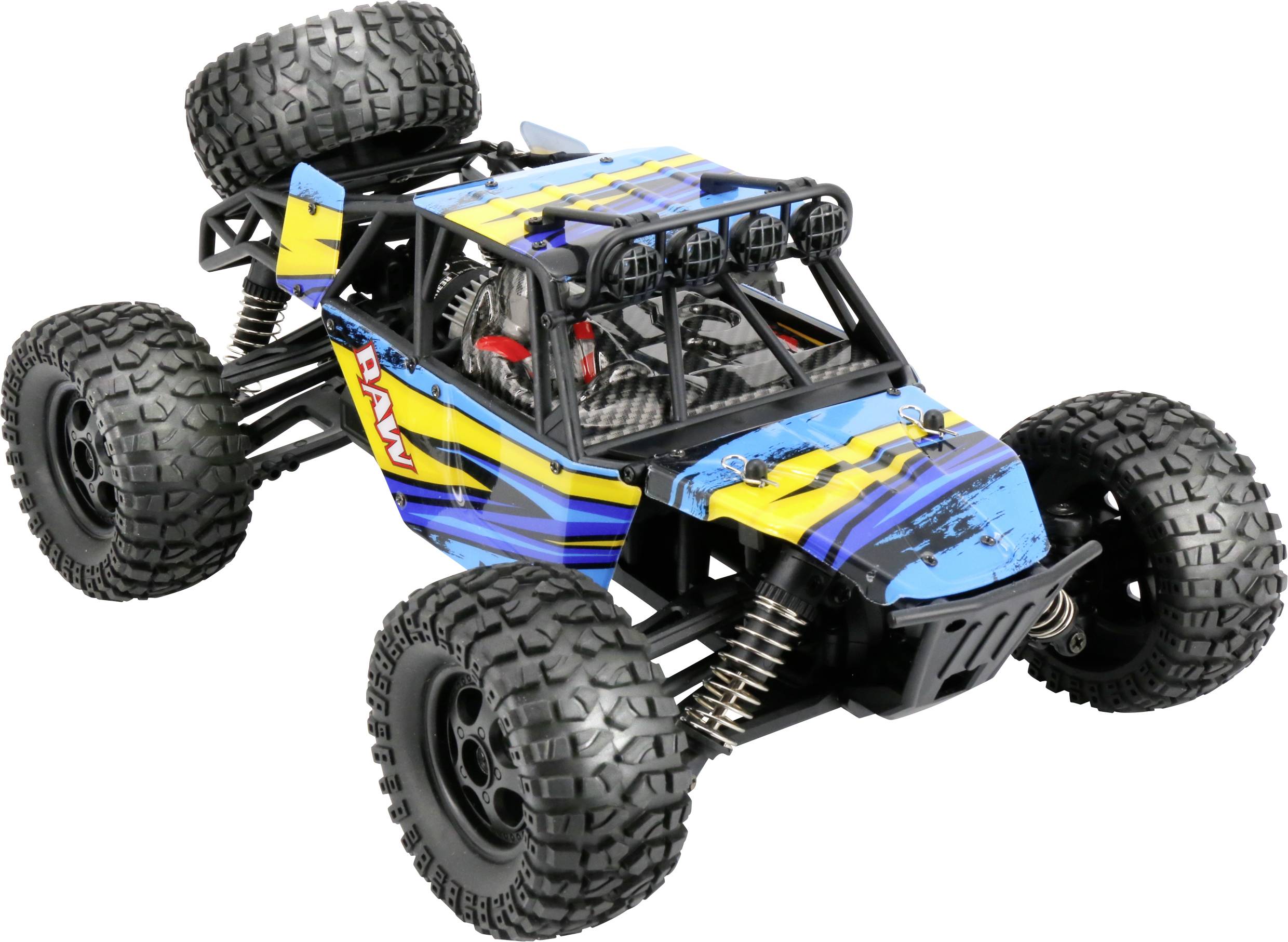Une voiture télécommandée avec de grandes roues tout-terrain et un design coloré en bleu et jaune, adaptée aux trajets hors-route.