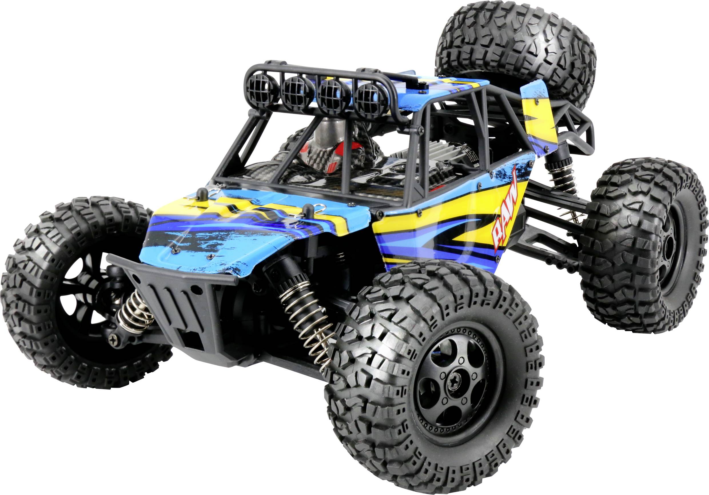 Un buggy tout-terrain télécommandé bleu avec de grandes roues à profil grossier, adapté aux terrains difficiles.