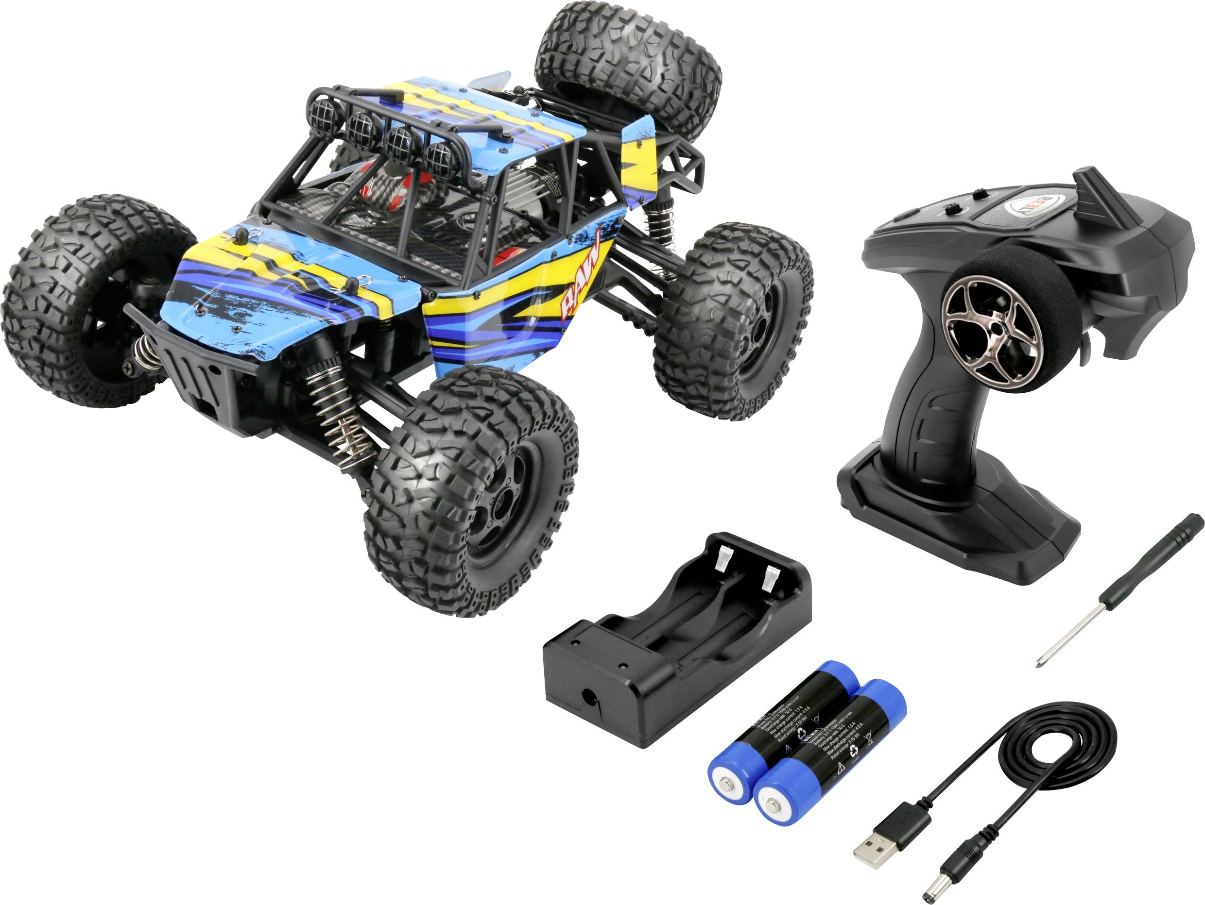 Ensemble de voiture télécommandée avec modèle de voiture bleu et jaune, télécommande, batteries, chargeur, tournevis et câble de charge.