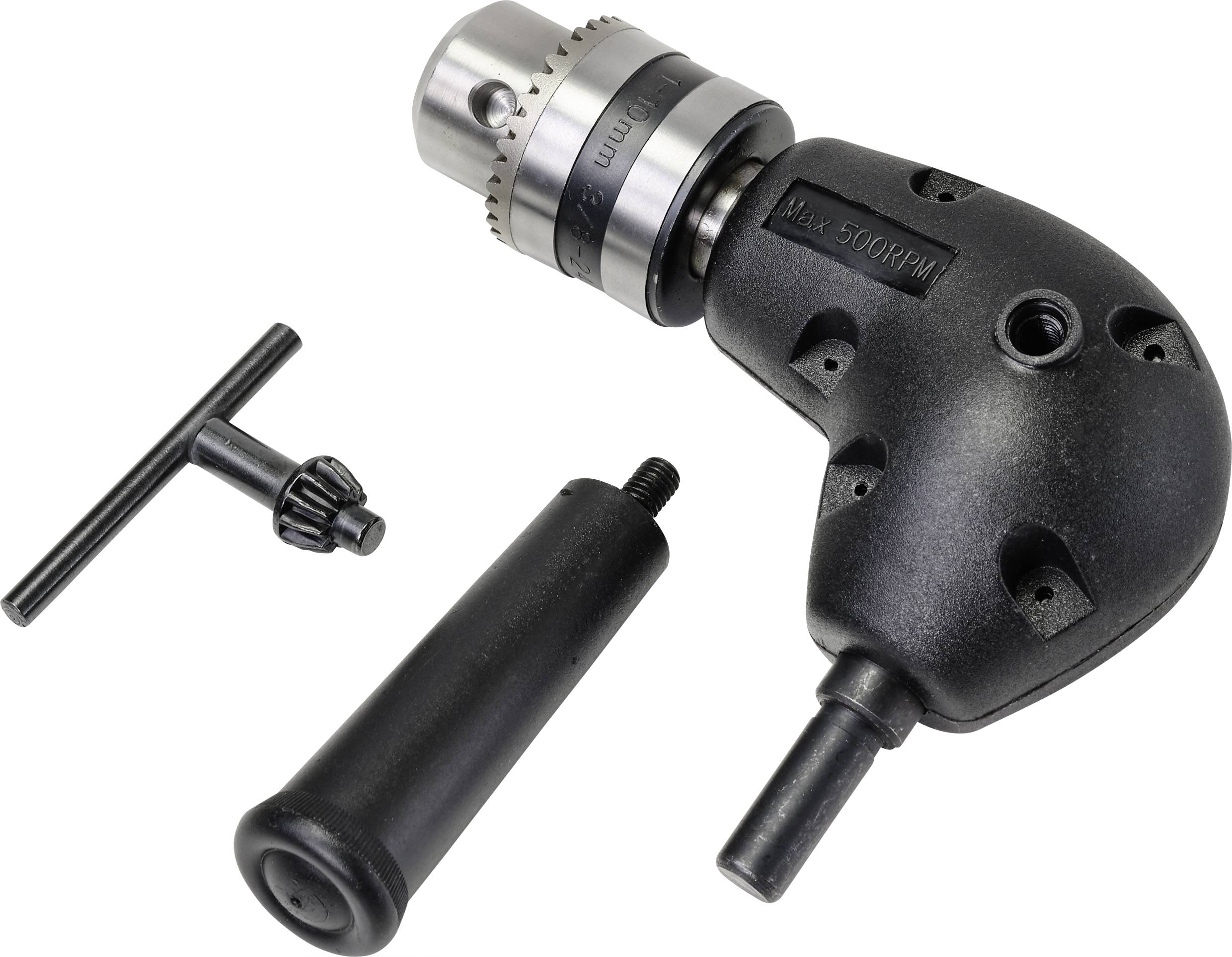 Adaptateur angulaire à 90 degrés avec poignée et clé, adapté aux espaces restreints pour le perçage et le vissage.