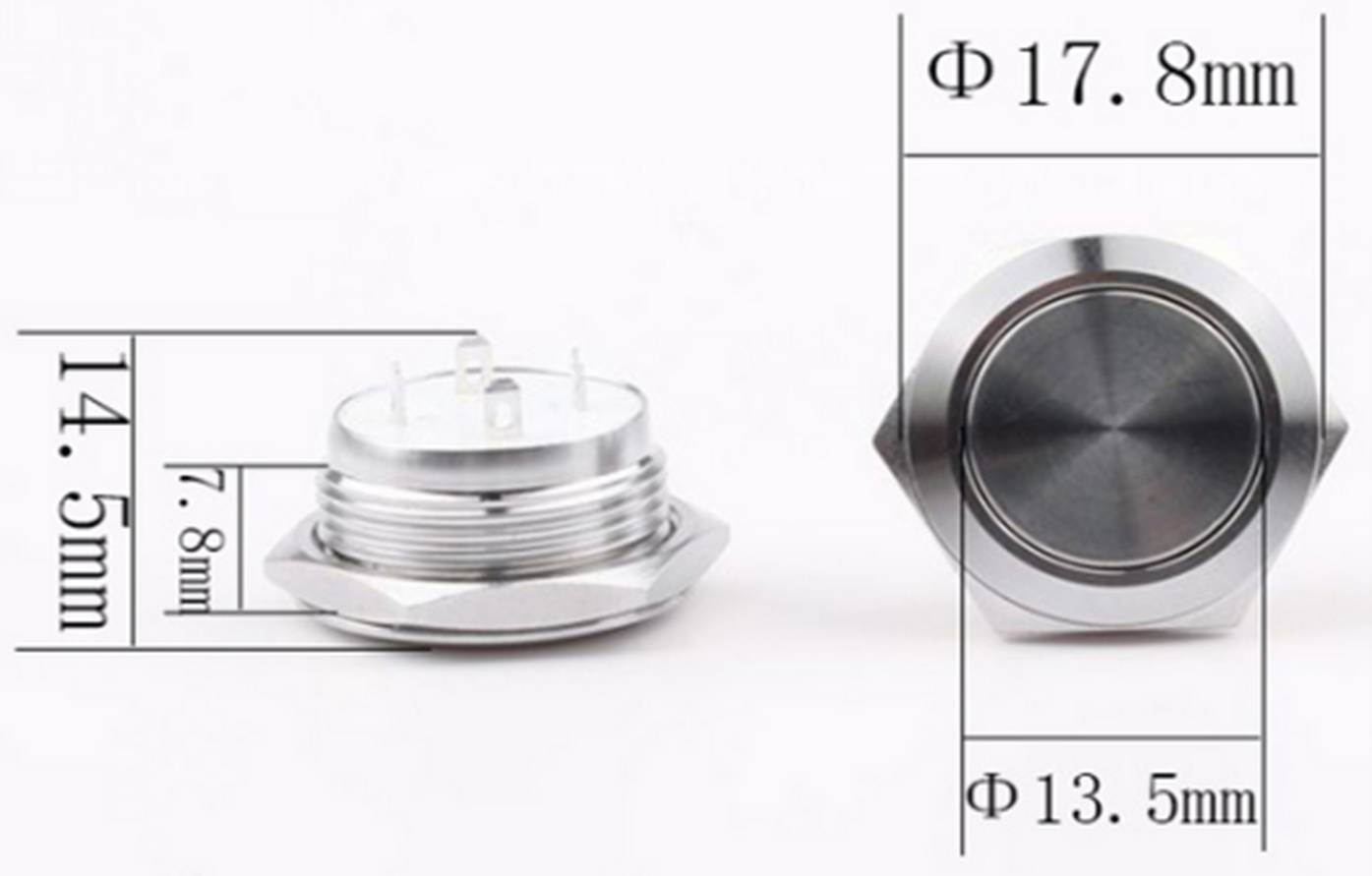 'Deux boutons métalliques ronds, montrés de côté et de dessus. Dimensions : diamètre de 17,8 mm et 13,5 mm, hauteur 14 mm.'