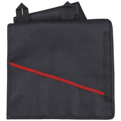 Sac en tissu noir à quatre compartiments, avec une bande diagonale rouge et deux poignées en haut.