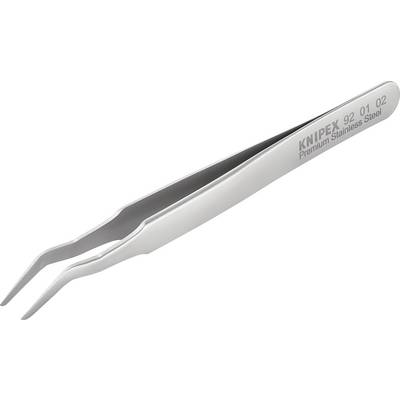 Une pince brucelles en métal à pointes recourbées portant l'inscription « KNIPEX 92 01 02 Premium Stainless Steel ».