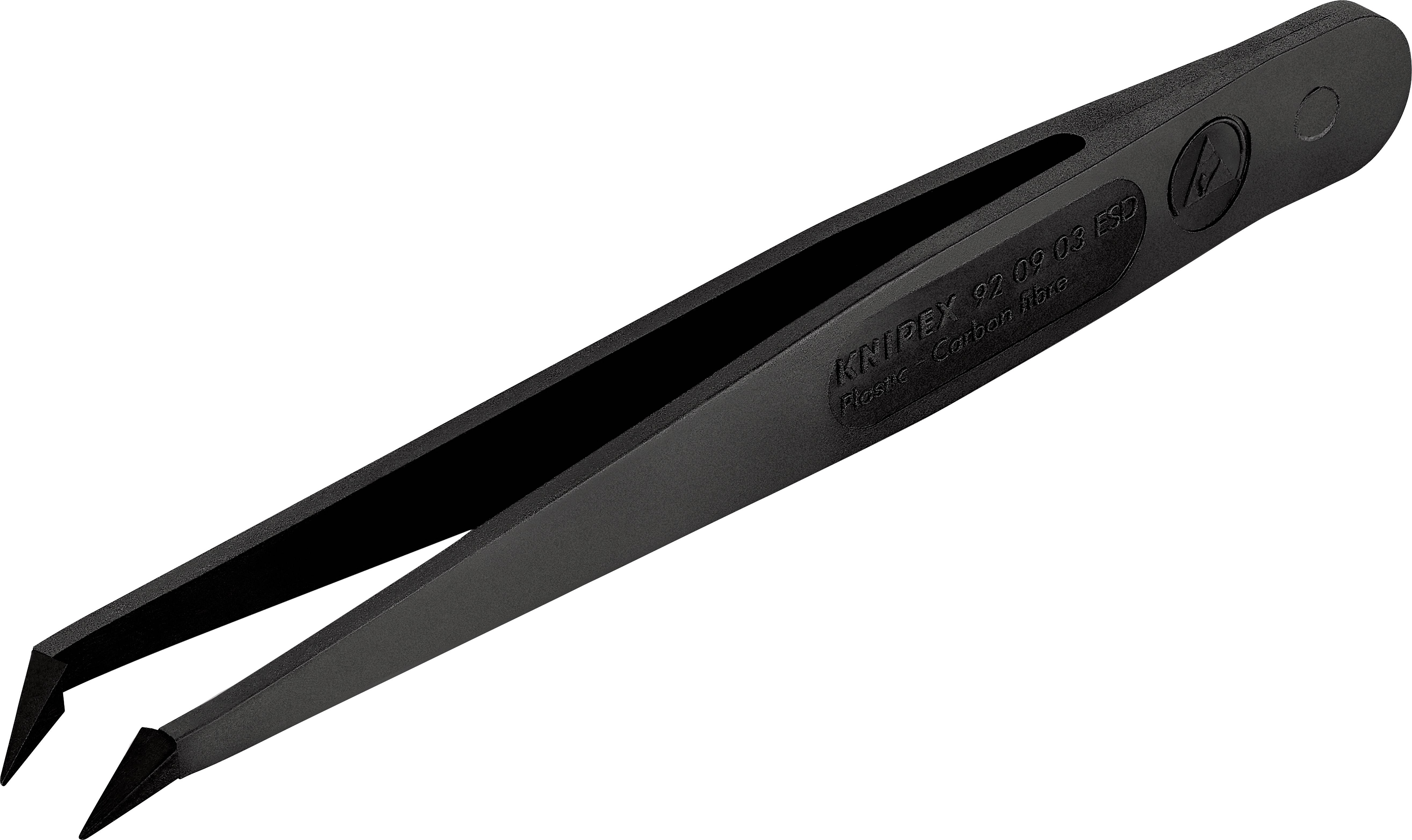 Pince brucelles en plastique noir à pointe droite, marquée 'Knipex' sur le côté, adaptée aux travaux de précision.