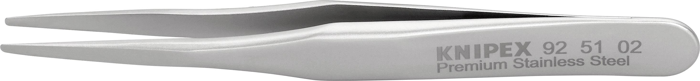 Pince à épiler en acier inoxydable argentée, marquée 'KNIPEX 92 51 02 Premium Stainless Steel', sur fond blanc.