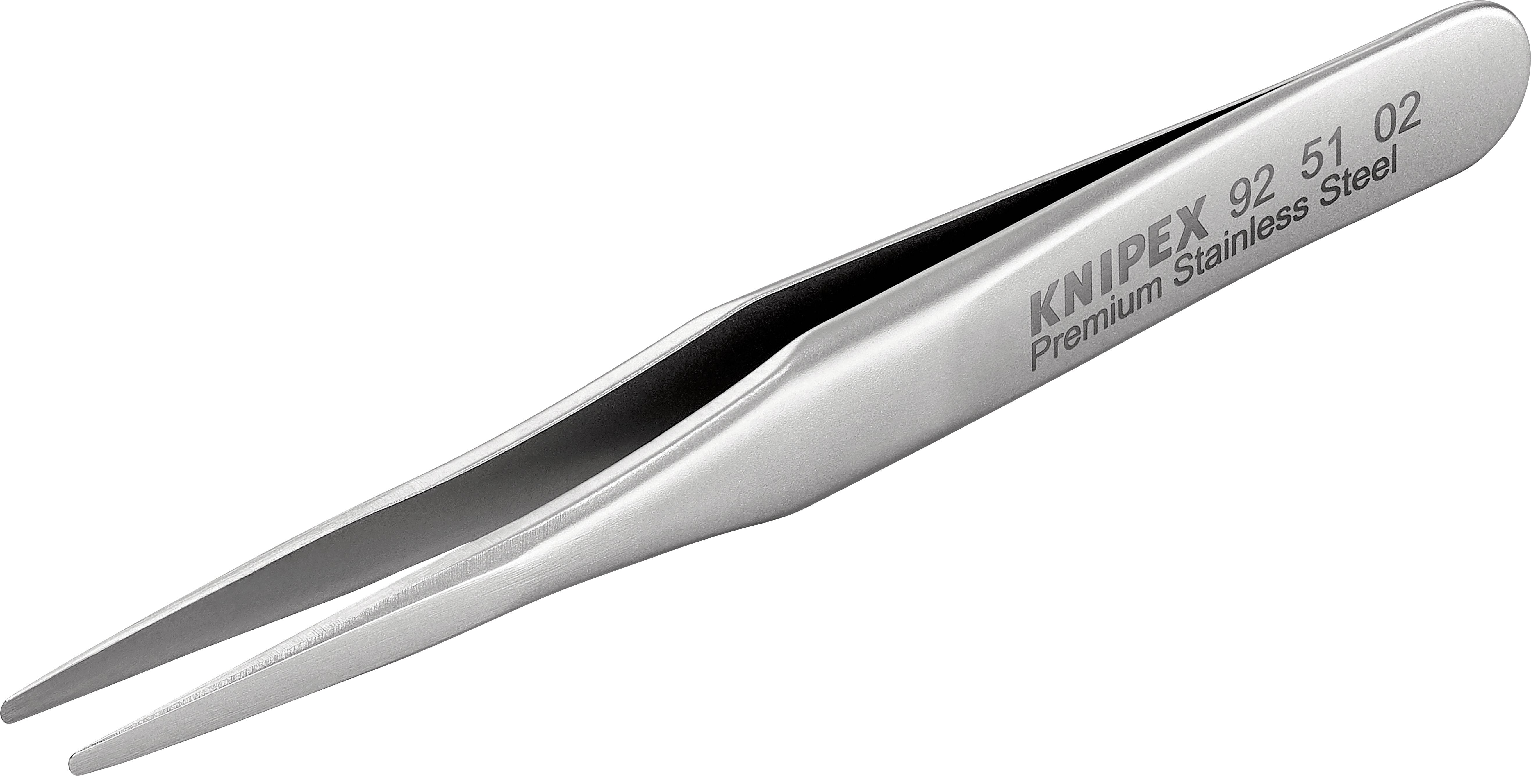 Une pince brucelles en acier inoxydable argentée portant l'inscription 'KNIPEX Premium Stainless Steel 92 51 02' le long du côté.