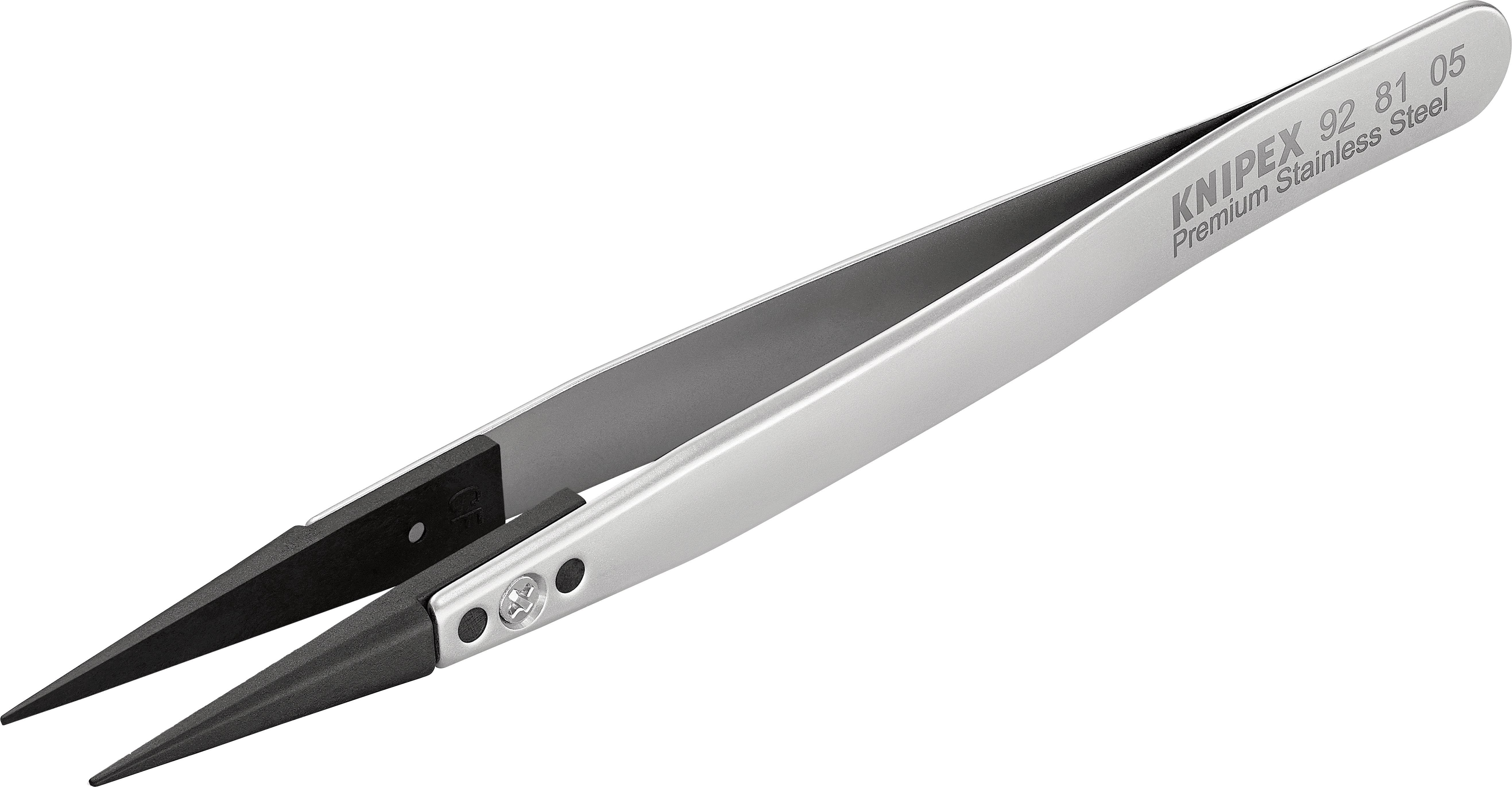 Une pince à épiler de précision en acier inoxydable, argentée, avec des pointes noires. Sur la pince, il est inscrit « KNIPEX 92 81 05 Premium Stainless Steel ».