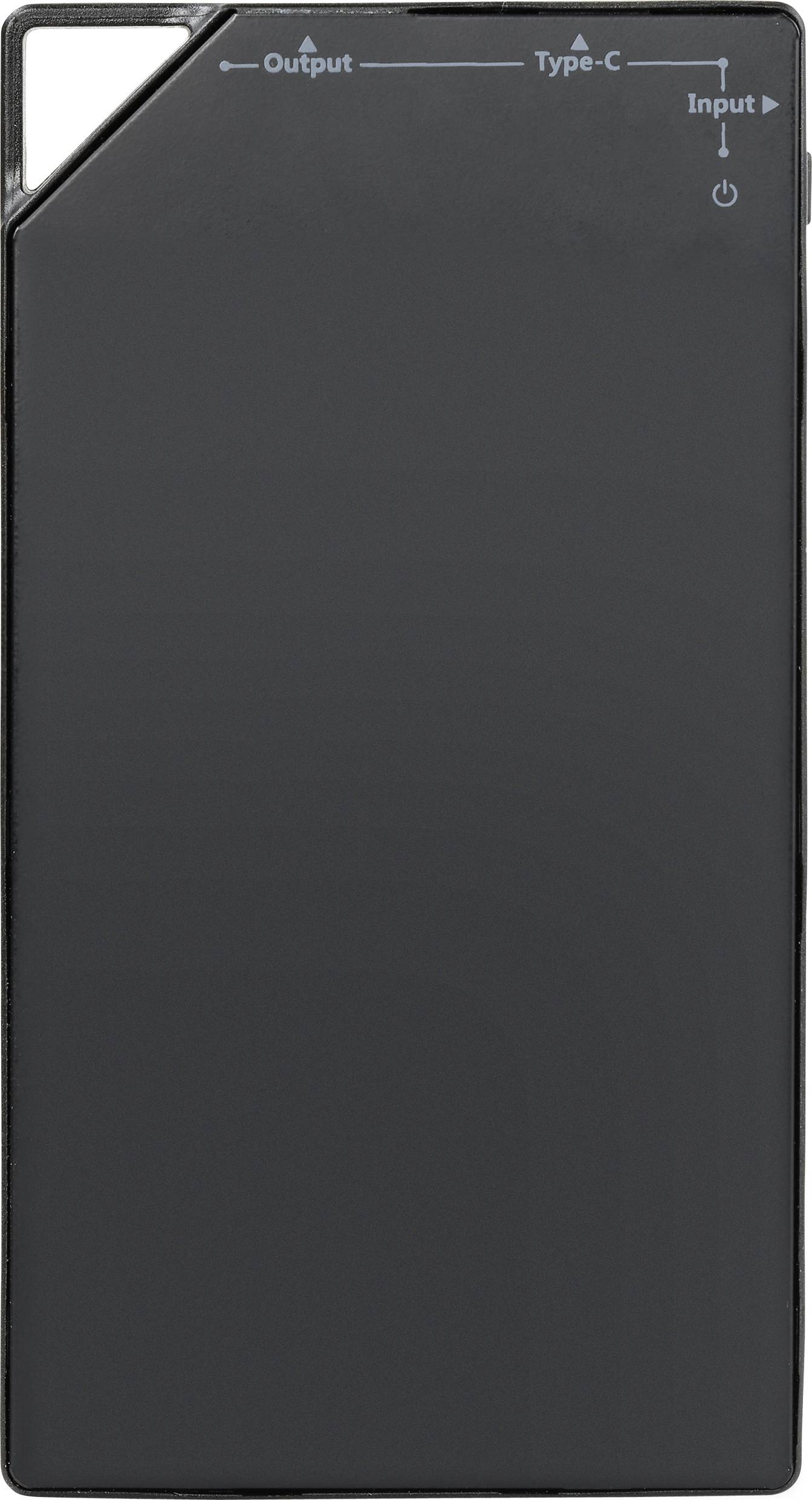 Batterie externe noire avec sortie USB et entrée de type C.