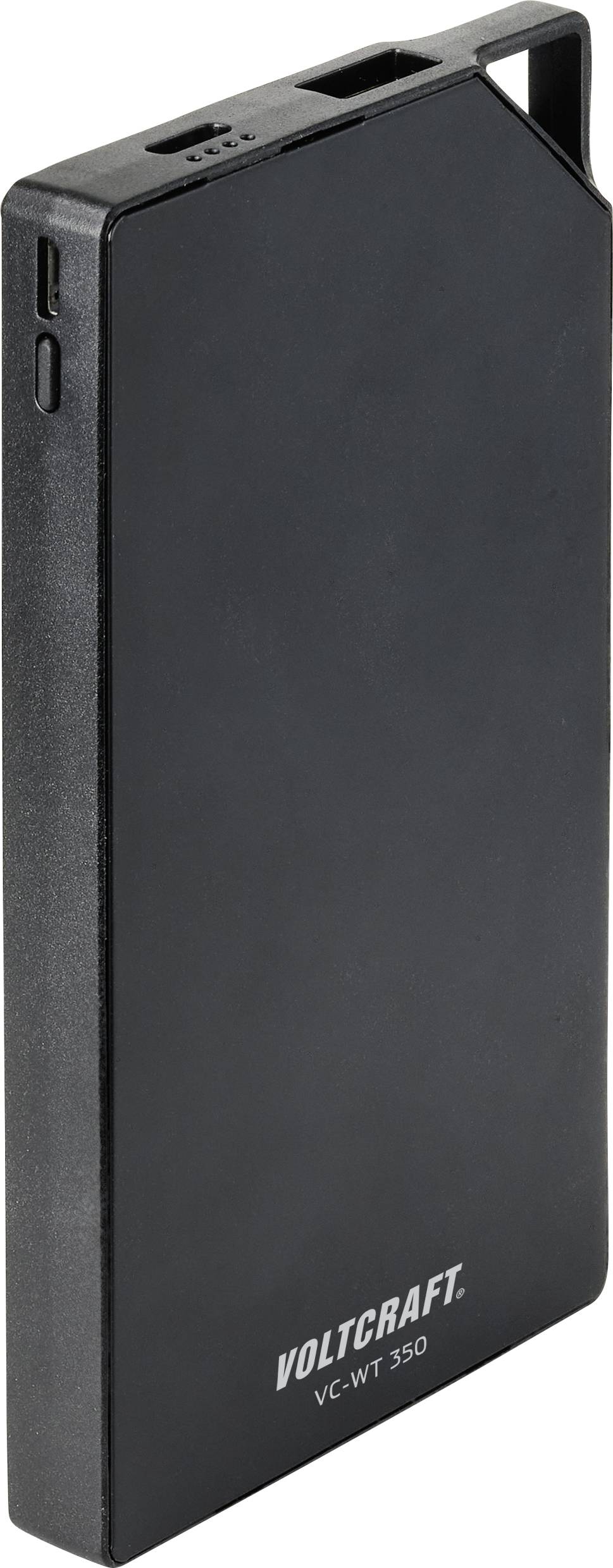 Batterie externe portable noire portant l'inscription 'Voltcraft VC-WT 350'. Design rectangulaire, compacte et légère, adaptée pour la charge mobile.