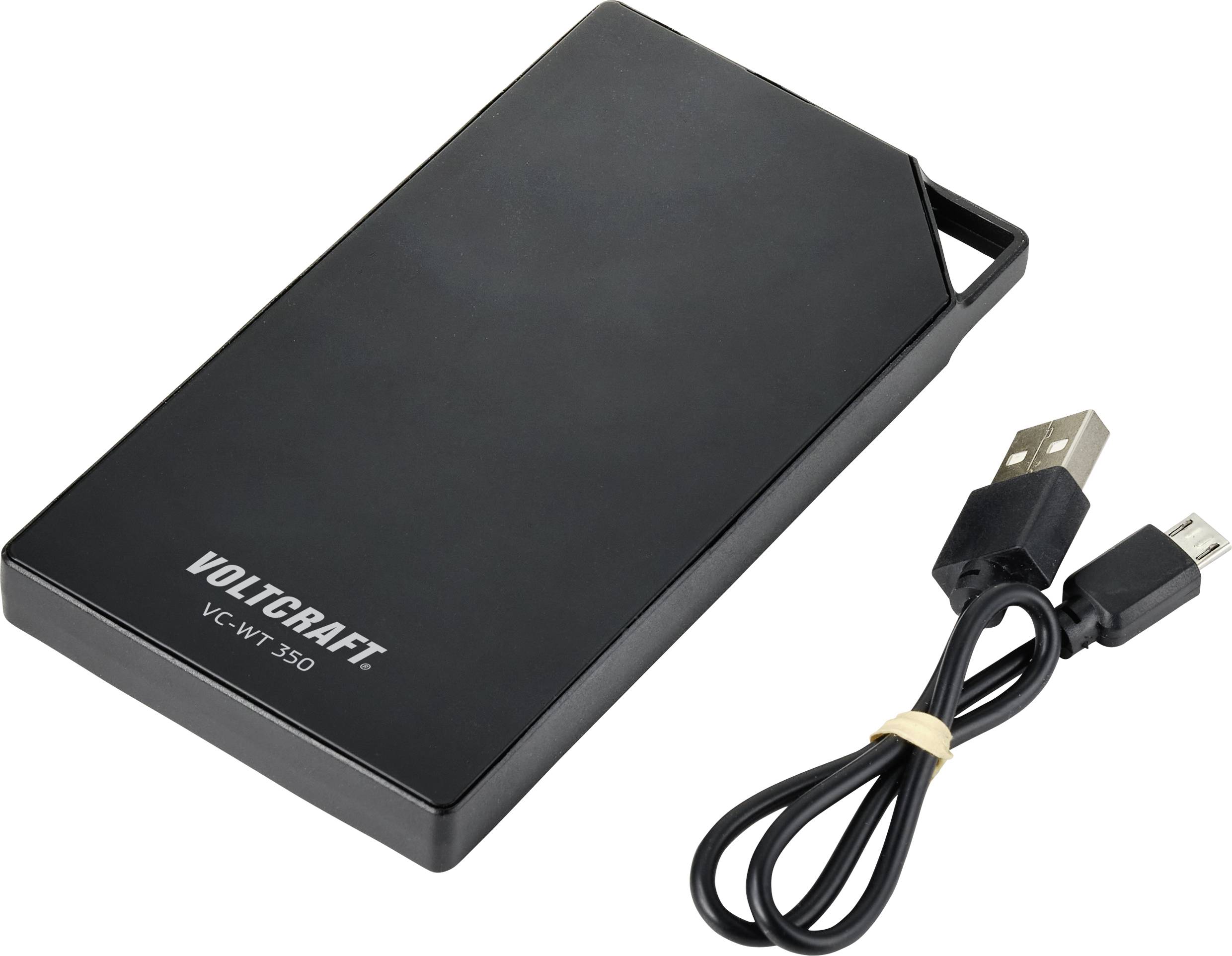 Chargeur noir portant l'inscription « VOLKRAFT VC-VLT 350 », à côté d'un câble USB.