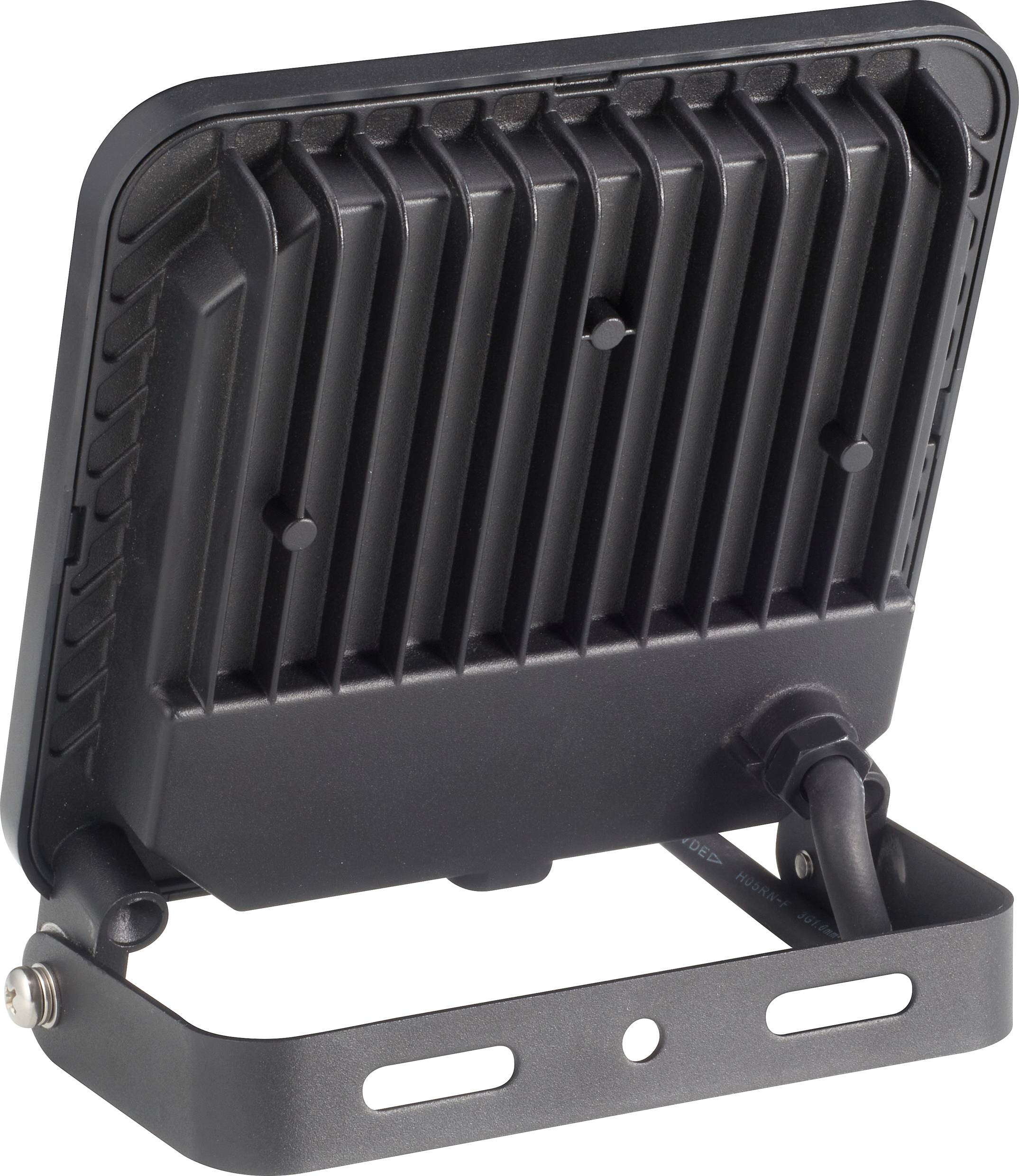 Projecteur LED noir avec ailettes de refroidissement à l'arrière et support réglable, montrant la vue arrière de l'appareil.