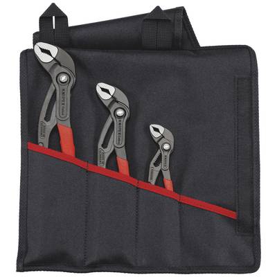 Trois pinces pour pompe à eau de différentes tailles dans un sac à outils noir avec des compartiments rouges.