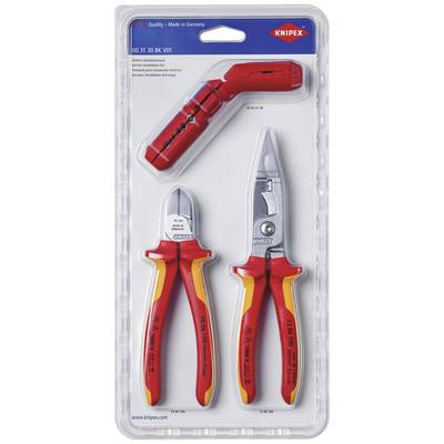 Emballage contenant trois outils KNIPEX : un outil à dénuder et deux pinces avec des poignées rouges pour les travaux électriques.