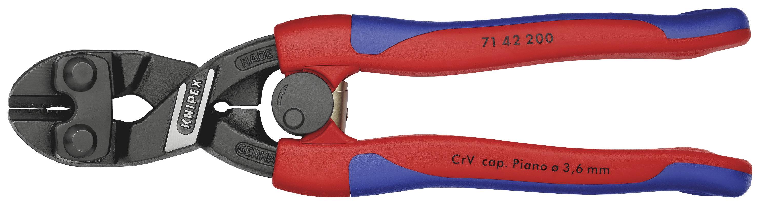 Un coupe-boulons rouge et bleu avec une tête de coupe en métal noir, adapté pour couper des fils jusqu'à 3,6 mm d'épaisseur.