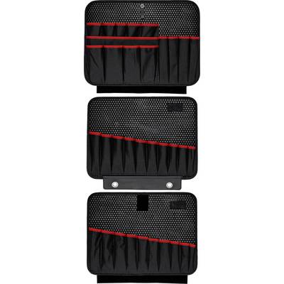Étui de rangement pour outils noir avec coutures rouges et plusieurs compartiments, présenté sous trois angles : ouvert, partiellement ouvert et fermé.