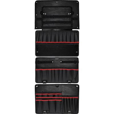 Sacs de rangement en matériau noir avec des touches de rouge. Les sacs comportent différents emplacements pour les outils ou les accessoires.
