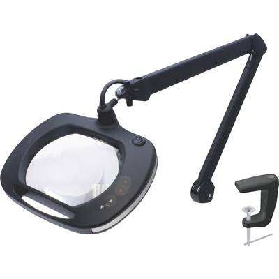 Une loupe d'éclairage noir avec bras réglable et pince, adaptée pour être fixée à une table ou à un établi.