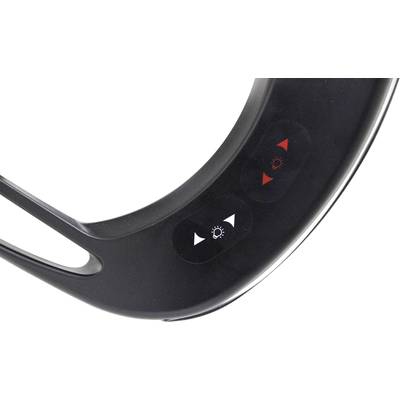 Un anneau lumineux LED noir avec deux boutons : l'un avec des triangles rouges et l'autre avec des triangles blancs, pour le réglage de la luminosité.