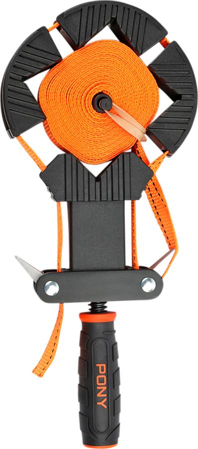 Un enrouleur de sangle avec un rouleau de sangle orange dans un cadre noir. Poignée avec l'inscription 'PONY'.