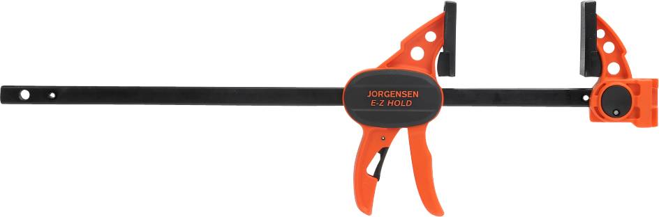 Une serre-joint orange et noir portant l'inscription 'Jorgensen E-Z Hold'. Elle possède une longue tige métallique et des poignées ergonomiques.