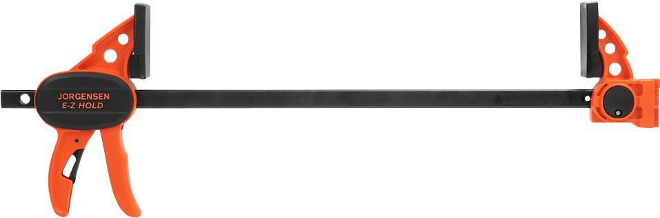 Une serre-joint orange et noir portant l'inscription 'Jorgensen E-Z Hold'. Elle dispose de leviers antidérapants et convient parfaitement à une utilisation en atelier.
