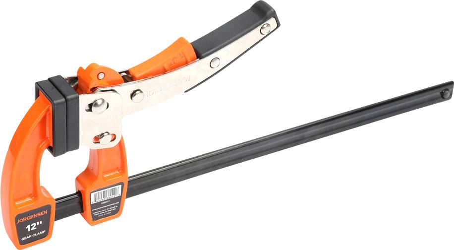 Une vis de serrage orange avec une poignée en métal et une tige noire, utilisée pour fixer des pièces dans le travail du bois ou du métal.