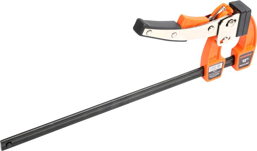 Une pince à une main de couleur orange avec un étrier de serrage noir. Utilisée pour maintenir des pièces ensemble pendant le travail.