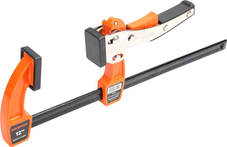 Une pince-étau à une main de couleur orange, idéale pour maintenir et fixer des pièces. Marquage '12"' sur le serre-joint.