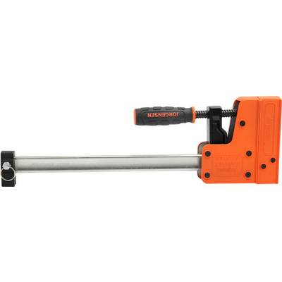 Un serre-joint orange avec une poignée noire, portant la marque 'JORGENSEN'. Il est conçu pour comprimer des objets.