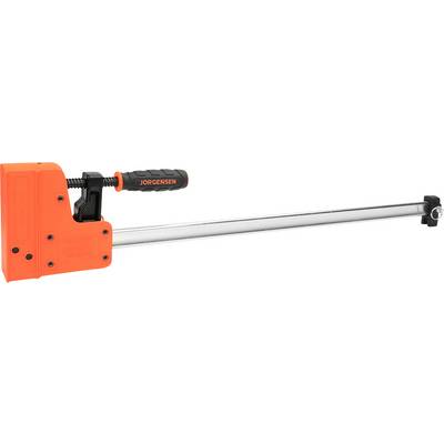 Une pince-étau Jorgensen à tête orange et poignée noire. Longue tige métallique pour les travaux de serrage et de fixation.