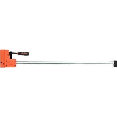 Une grande pince orange et noire avec une longue tige métallique, adaptée pour serrer et maintenir des pièces dans le travail du bois.