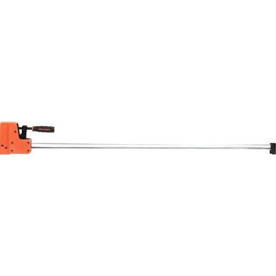 Un grand étau orange avec une longue poignée argentée, adapté pour maintenir des objets lors du travail du bois ou du métal.
