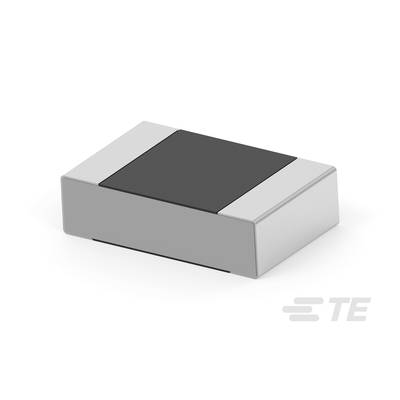Un résisteur électronique rectangulaire avec des connexions métalliques sur chaque côté. Un rectangle sombre est présent sur sa surface.