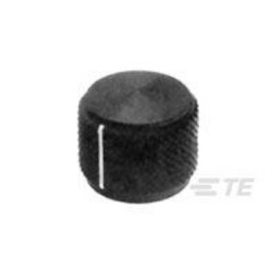 Bouton de commande noir strié avec une ligne de marquage blanche en haut ; utilisé pour contrôler ou régler un appareil.