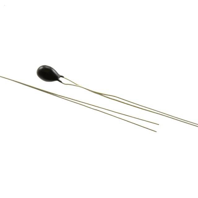 Un thermistor noir avec deux longues bornes métalliques sur un fond blanc.