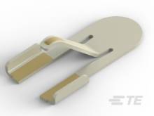 Un support en plastique gris avec deux fentes et une pince flexible au centre, destiné à maintenir de petits objets.