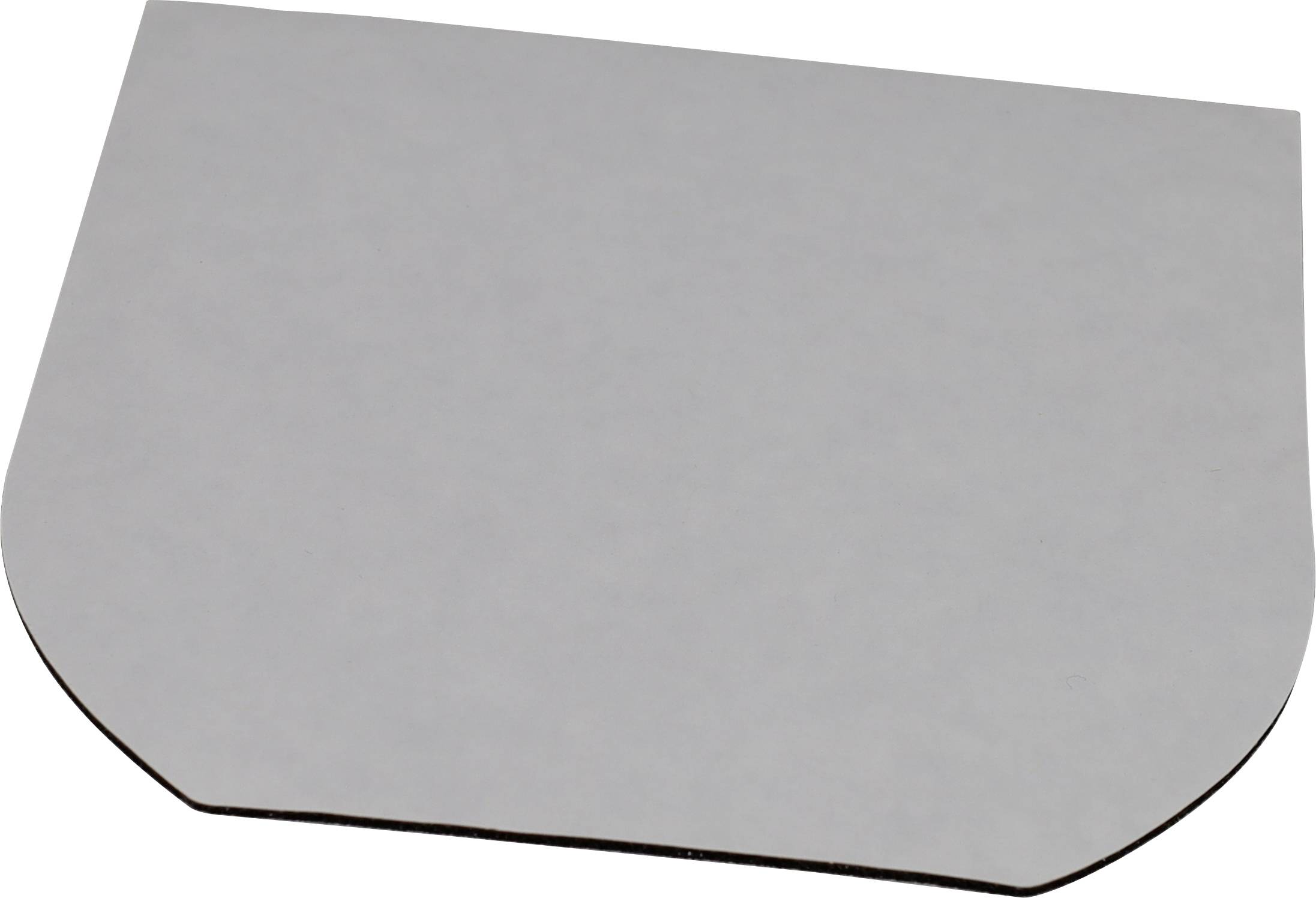 Une feuille rectangulaire de papier abrasif gris avec un bord inférieur légèrement incurvé, posée à plat contre un fond blanc.