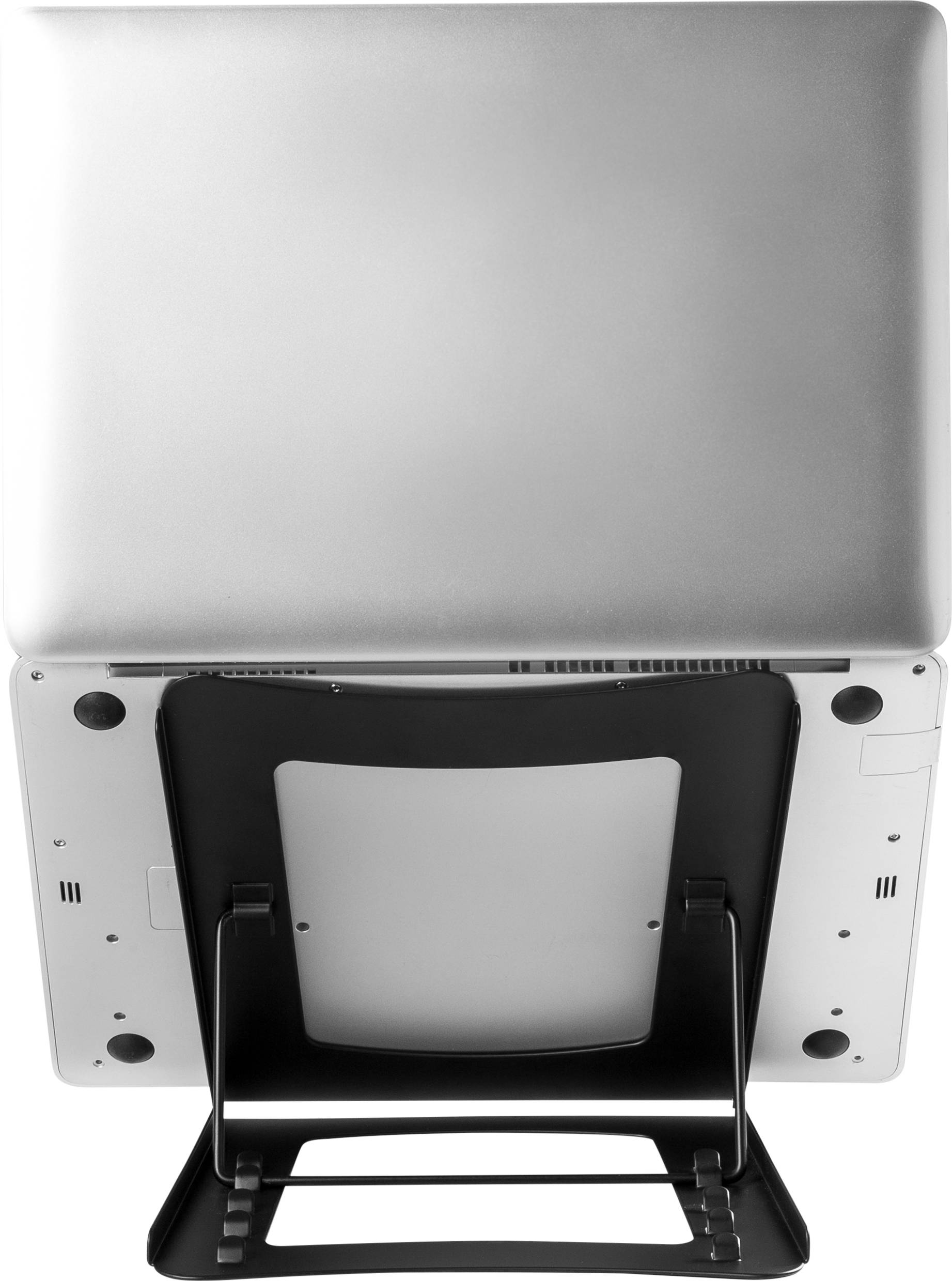 Un ordinateur portable fermé est posé sur un support noir, vu de dessus. Le support est simple et robuste, adapté aux bureaux.