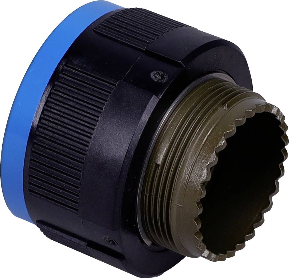 Un bouchon ou connecteur en plastique noir et bleu à filetage, avec un bord extérieur rainuré et une extrémité ouverte, utilisé à des fins de fixation ou de scellement.