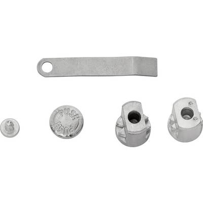 Cinq éléments métalliques côte à côte. En haut, une patte allongée avec un trou ; en dessous, quatre pièces rondes, dont une portant l'inscription « Push ».