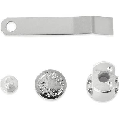 Quatre pièces métalliques argentées : un levier, un bouton rond portant l'inscription 'Push' et deux petites pièces de formes différentes.