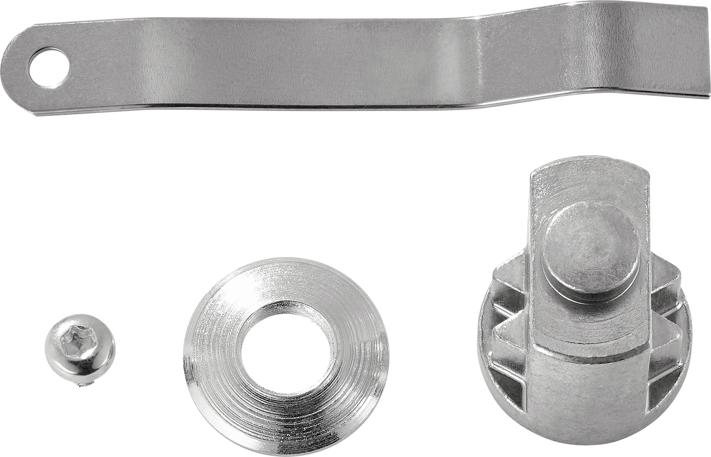 Pièces métalliques d'un mécanisme de fermeture : une bande courbée avec un trou, un disque rond, un boulon et une pièce métallique rotative.